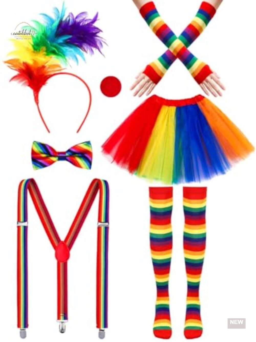 7Pc Clown Costume Set Circus Rainbow Tutu Suspenders Feather Headband